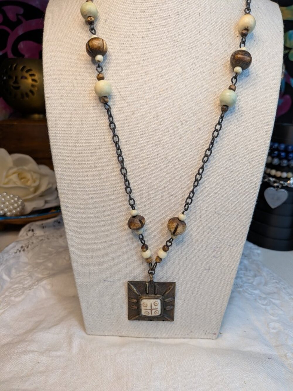 Handcrafted Tribal‑Style Necklace – Bronze Pendant & Bone Beads (20")